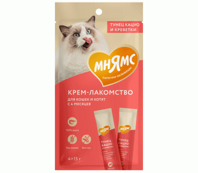 Крем-лакомство с Тунцом Кацуо и Креветки д/кошек 4х15г МНЯМС Крем-лакомство с Тунцом Кацуо и Креветки д/кошек 4х15г МНЯМС