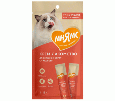 Крем-лакомство с Тунцом Кацуо и Морским гребешком д/кошек 4х15г МНЯМС Крем-лакомство с Тунцом Кацуо и Морским гребешком д/кошек 4х15г МНЯМС